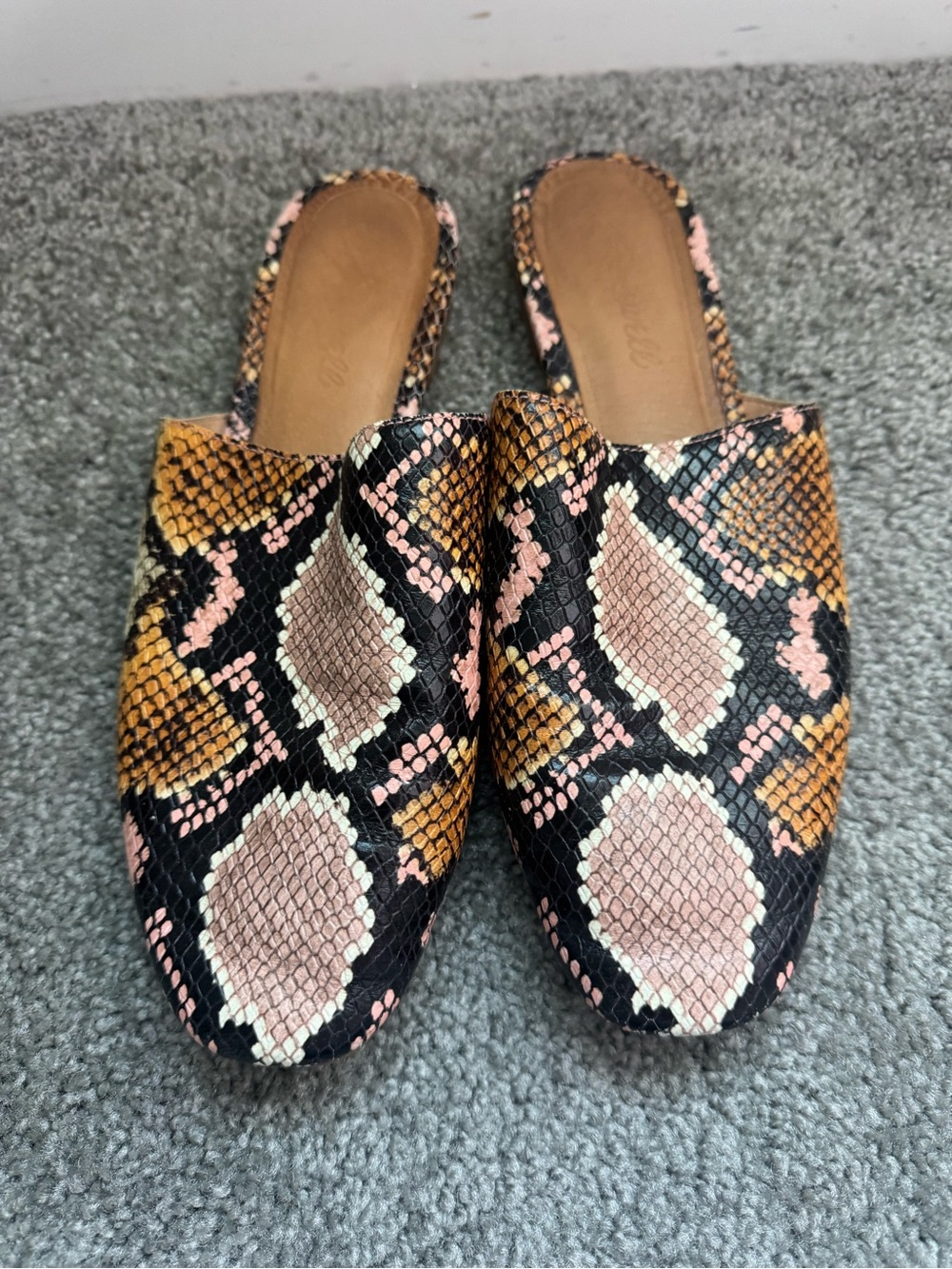 Madewell Pink, Black & Tan Snakeskin-Print Slip-On Mules